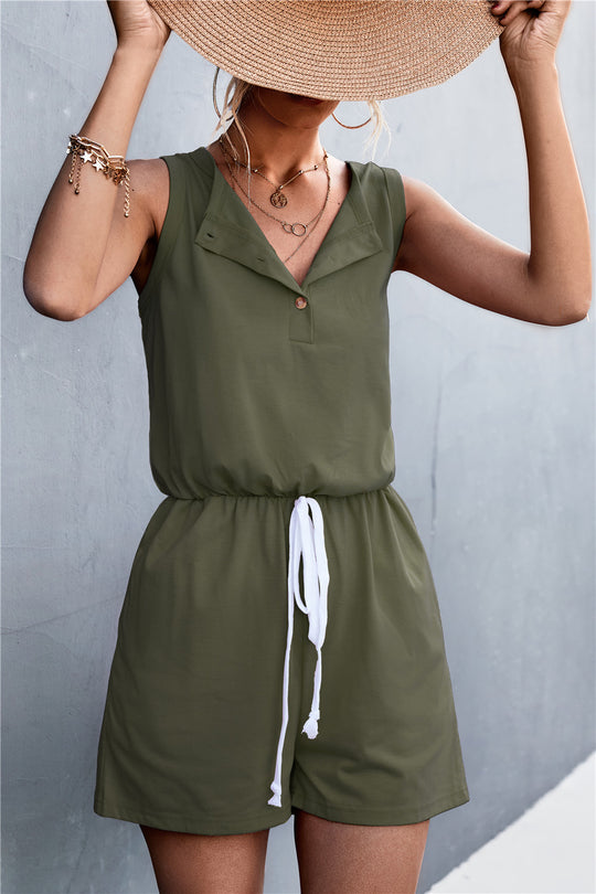 Damen lässiger Overall mit knöpfbarem Ausschnitt und verstellbarem Taillenzug EB