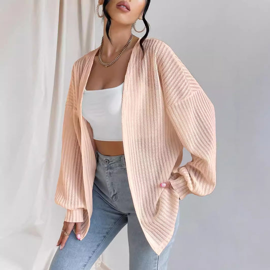 Damen Lässige Strickjacke mit weit geschnittenen Ärmeln und Rippenstruktur EB