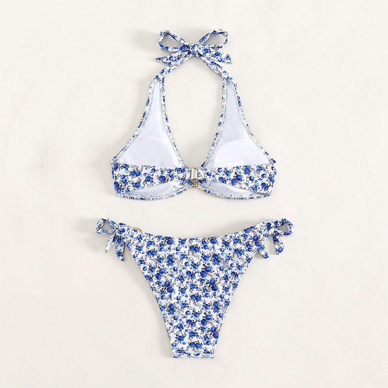 Damen Halter-Bikini mit floralem Design und verspielten Bindebändern EB