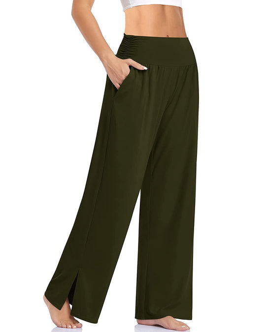 Damen nan weite Yogahose mit hohem Komfortbund, seitlichen Eingrifftaschen und seitlichem Bein-Schlitz EB