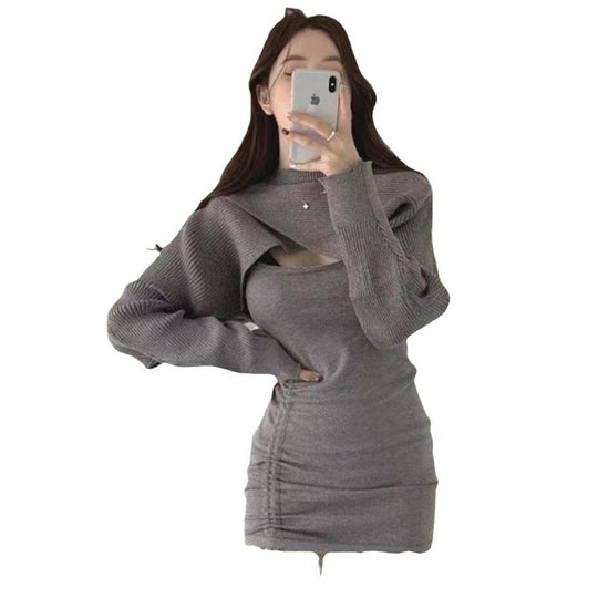 Damen Strickkleid mit asymmetrischem Ausschnitt und gerafftem Design EB