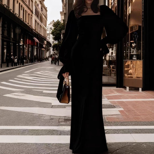 Damen elegantes Maxikleid mit Puffärmeln und quadratischem Ausschnitt EB