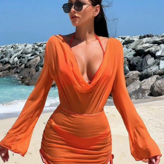 Damen Strandkleid mit elegantem Wickeldesign und langen Ärmeln EB