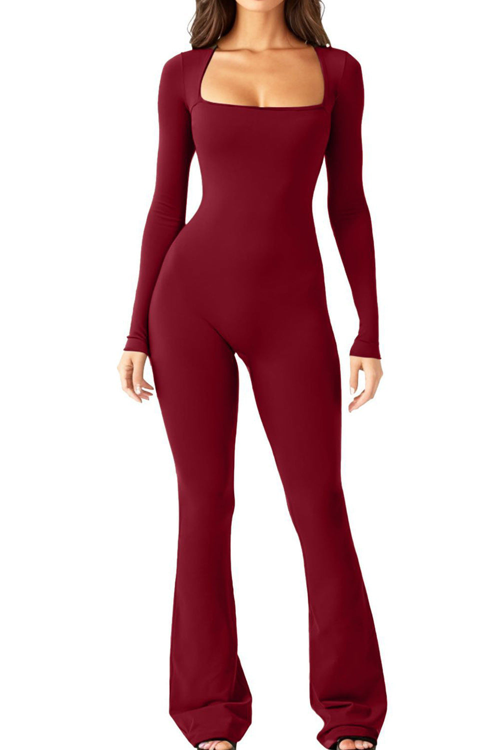 Damen nan figurbetonter Langarm-Jumpsuit mit quadratischem Ausschnitt und ausgestellter Schlaghose EB