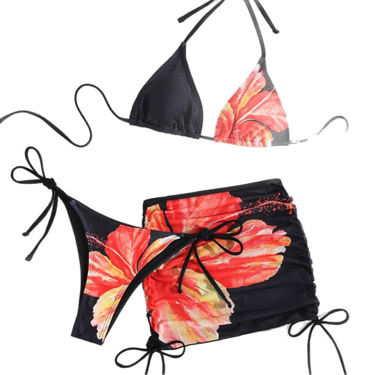 Damen Triangel-Bikini mit transparentem Rockelement und floralem Design EB