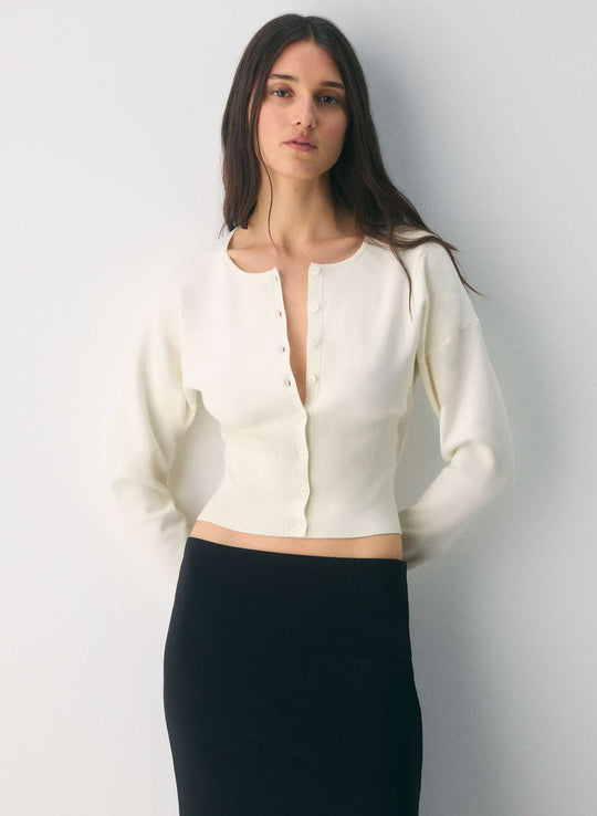 Damen Cropped Strickjacke mit Knopfleiste und Rippstrick EB