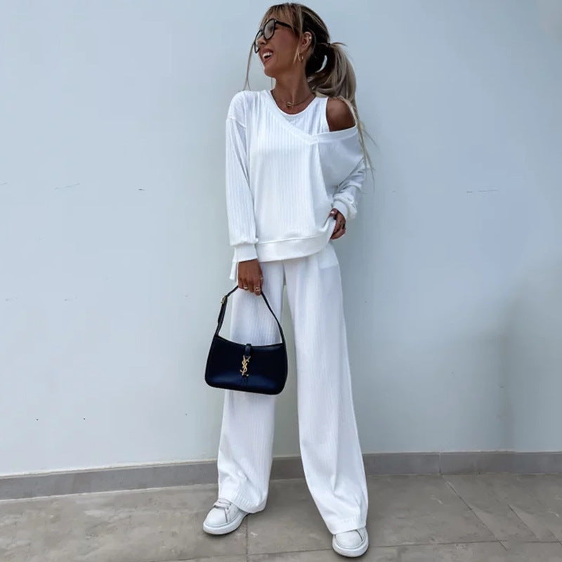 Damen nan elegantes Rippstrick-Zweiteiler Lounge-Set mit einseitigem Schulterfreischnitt und weitem Palazzo-Hosenbein EB