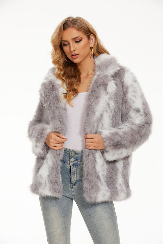 Damen Glamouröse Kunstfelljacke mit eleganten Streifen EB