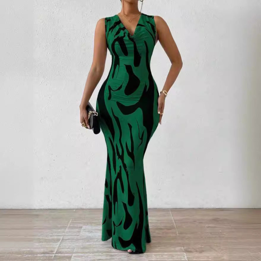 Damen Figurbetontes Maxikleid mit attraktivem Muster und elegantem V-Ausschnitt EB