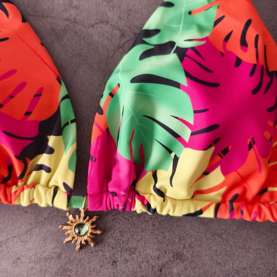 Damen Triangel-Bikini mit tropischem Blättermuster EB