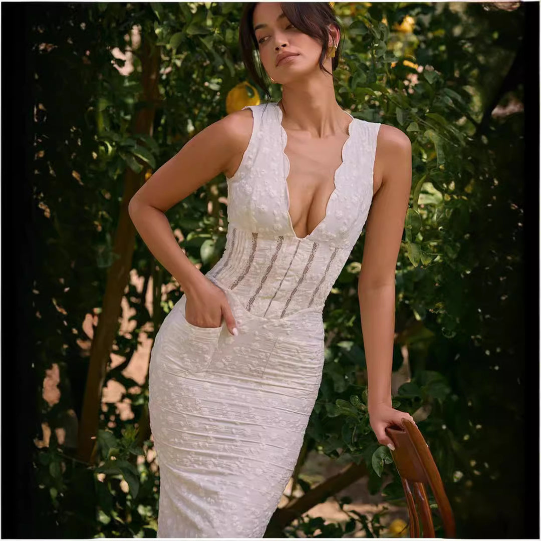 Damen Figurbetontes Spitzenkleid mit tiefem V-Ausschnitt und schimmernden Details EB
