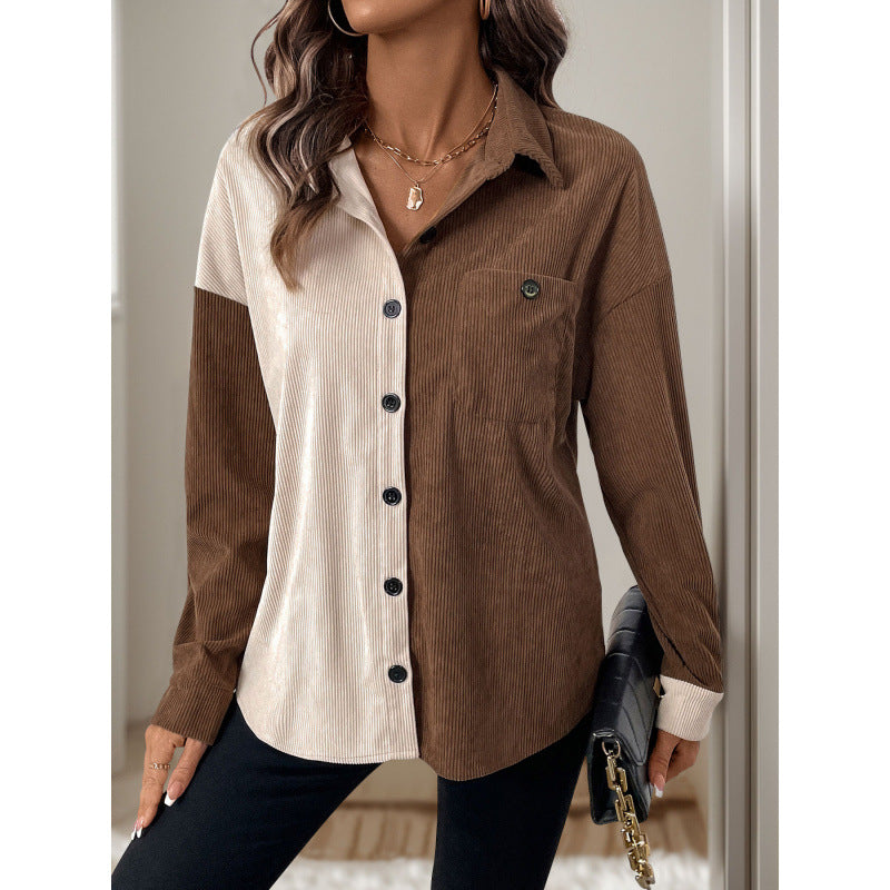 Damen Cordbluse mit modischem Farbblockdesign EB