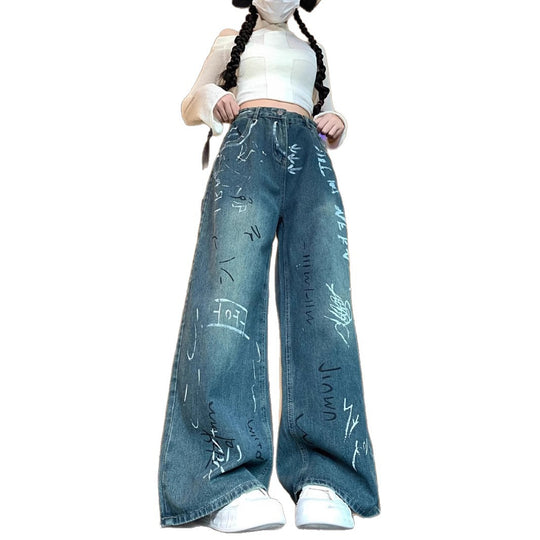 Damen Weite Jeanshose mit kreativem Graffiti-Design EB