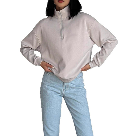 Damen Oversized Sweatshirt mit halbem Reißverschluss und elastischem Saum EB