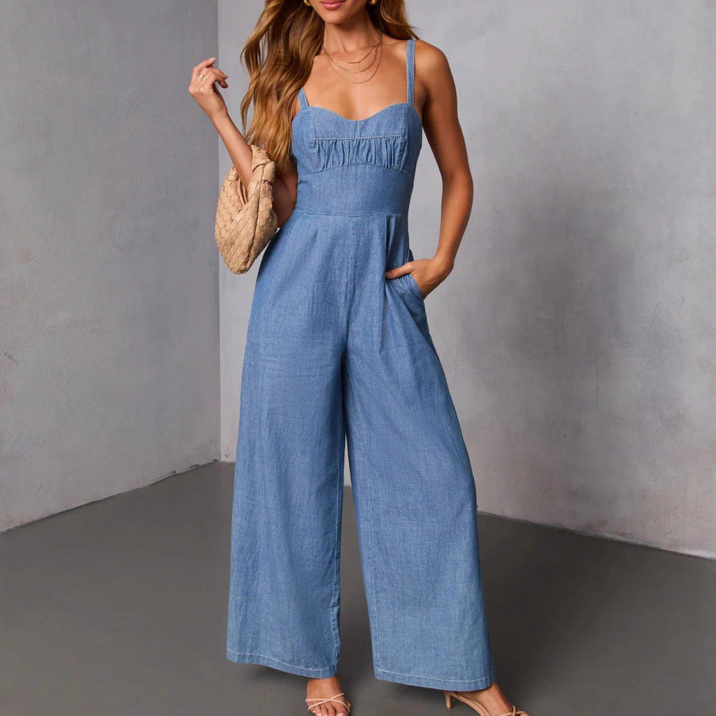 Damen lässiger Denim-Jumpsuit mit elegantem Bustier-Oberteil und weitem Bein EB