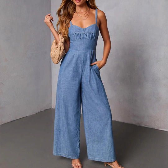 Damen lässiger Denim-Jumpsuit mit elegantem Bustier-Oberteil und weitem Bein EB