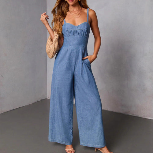 Damen lässiger Denim-Jumpsuit mit elegantem Bustier-Oberteil und weitem Bein EB