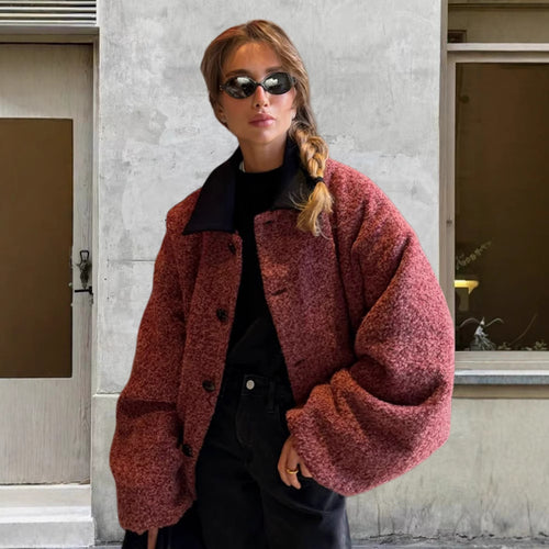 Damen kuschelige Oversize-Jacke mit großem Kragen EB