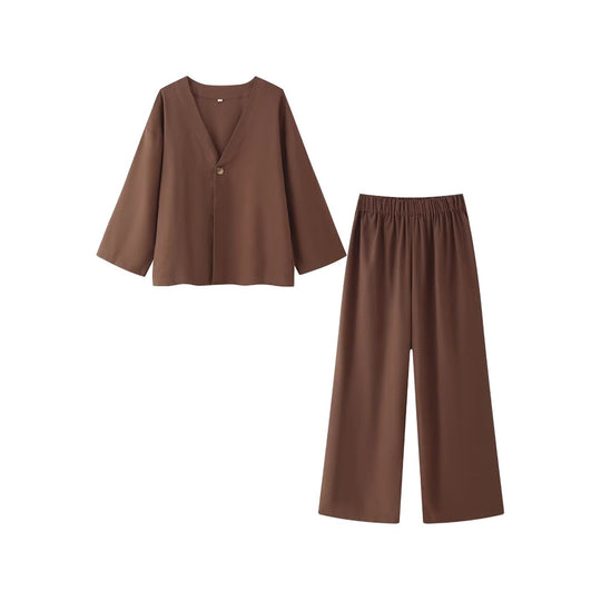 Damen Set aus eleganter Bluse mit V-Ausschnitt und weit geschnittenen Palazzo-Hosen EB