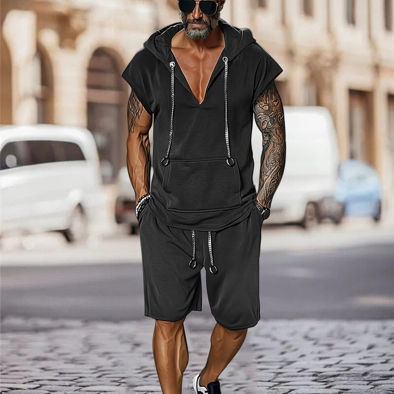 Herren lässiges Freizeit-Set mit stylischem Kapuzen-T-Shirt und Shorts EB