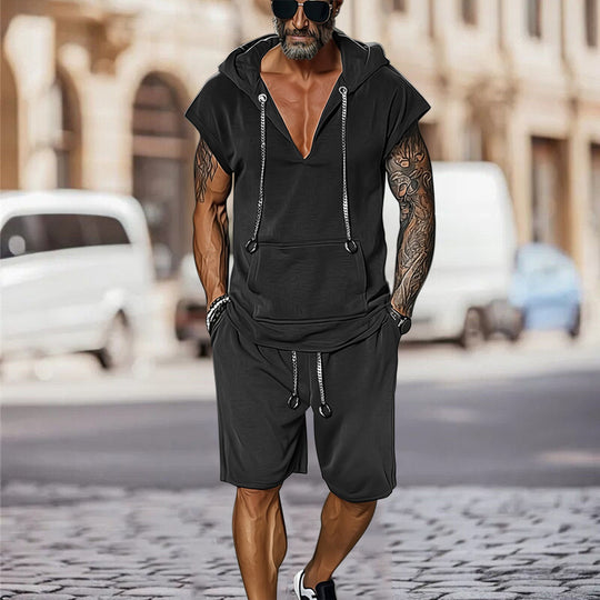 Herren lässiges Freizeit-Set mit stylischem Kapuzen-T-Shirt und Shorts EB