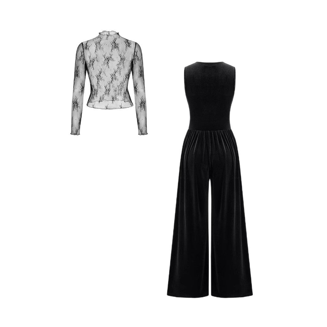 Damen elegante Spitzenbluse mit schmalem Schnitt und weitem Hosenanzug EB