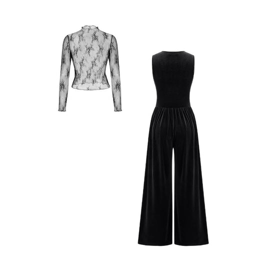 Damen elegante Spitzenbluse mit schmalem Schnitt und weitem Hosenanzug EB