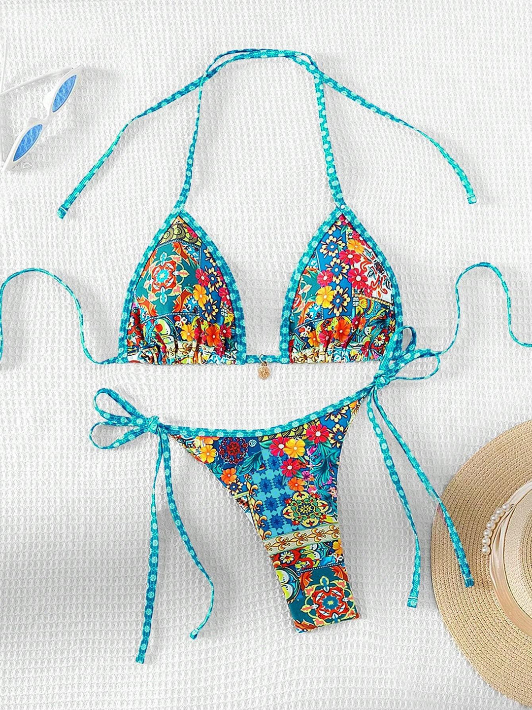 Damen Triangel-Bikini mit buntem floralen Mustermix und verstellbaren Trägern EB