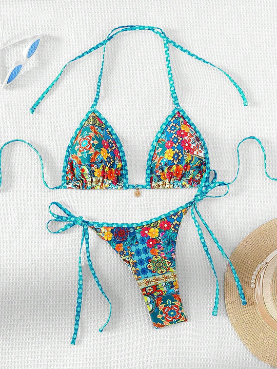 Damen Triangel-Bikini mit buntem floralen Mustermix und verstellbaren Trägern EB