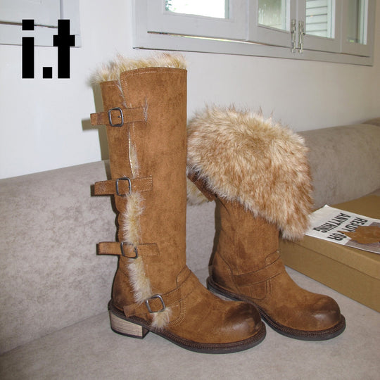 Damen elegante Winterstiefel mit modischem Kunstfellrand und praktischen Schnallen EB