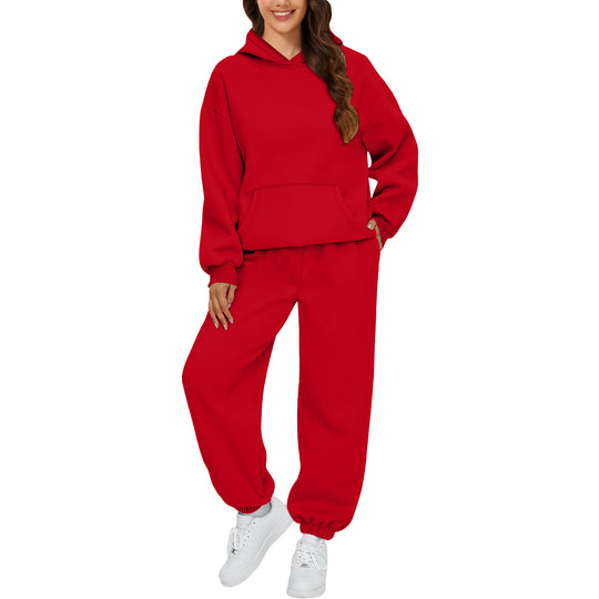 Damen nan gemütliches French-Terry Loungewear-Set mit doppellagiger Kapuze, Kängurutasche und elastischem Knöchel-Jogger EB