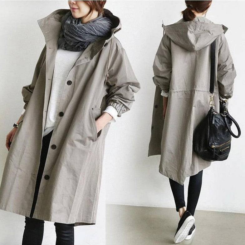 Damen nan leichter oversized Regenmantel mit Kapuze und verdeckter Knopfleiste EB