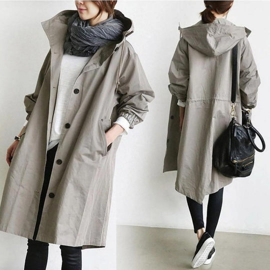 Damen nan leichter oversized Regenmantel mit Kapuze und verdeckter Knopfleiste EB