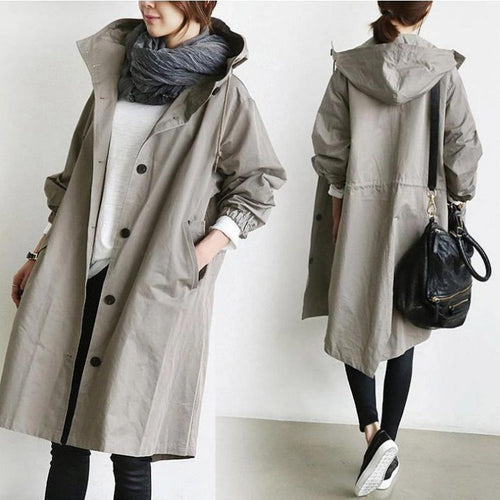 Damen nan leichter oversized Regenmantel mit Kapuze und verdeckter Knopfleiste EB