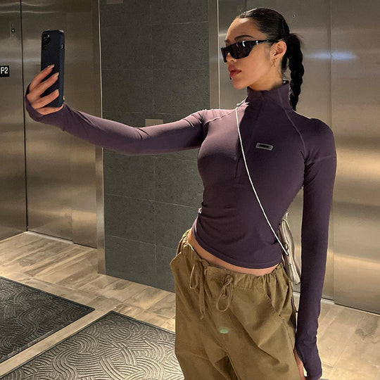 Damen nan figurbetontes Langarm-Zip-Top mit tiefem V-Ausschnitt und elastischem Funktionsstretch EB