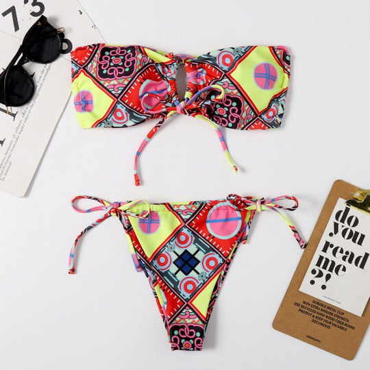 Damen Bandeau-Bikini mit aufregendem Mustermix und verstellbaren Trägern EB