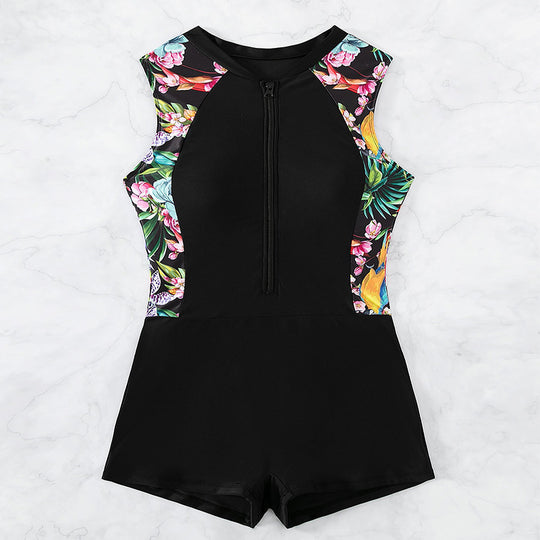 Damen Sport-Einteiler Badeanzug mit floralem Design und modischem Reißverschluss EB