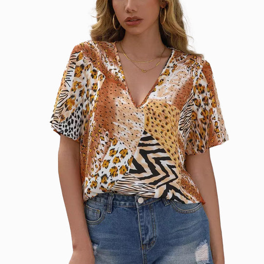 Damen Kurzarm Blusenshirt mit kreativem Tiermuster und V-Ausschnitt EB