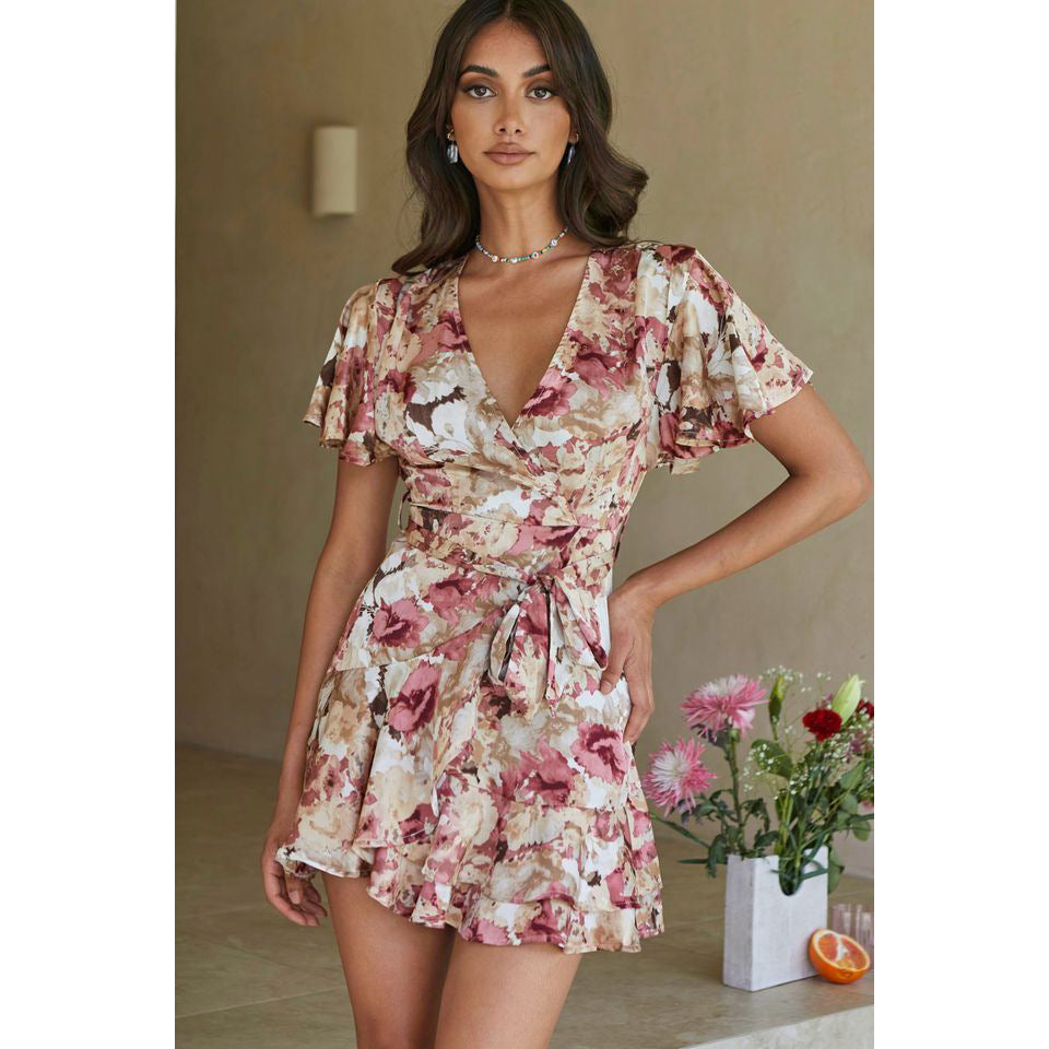 Damen Wickelkleid mit voluminösen Ärmeln und floralem Design EB