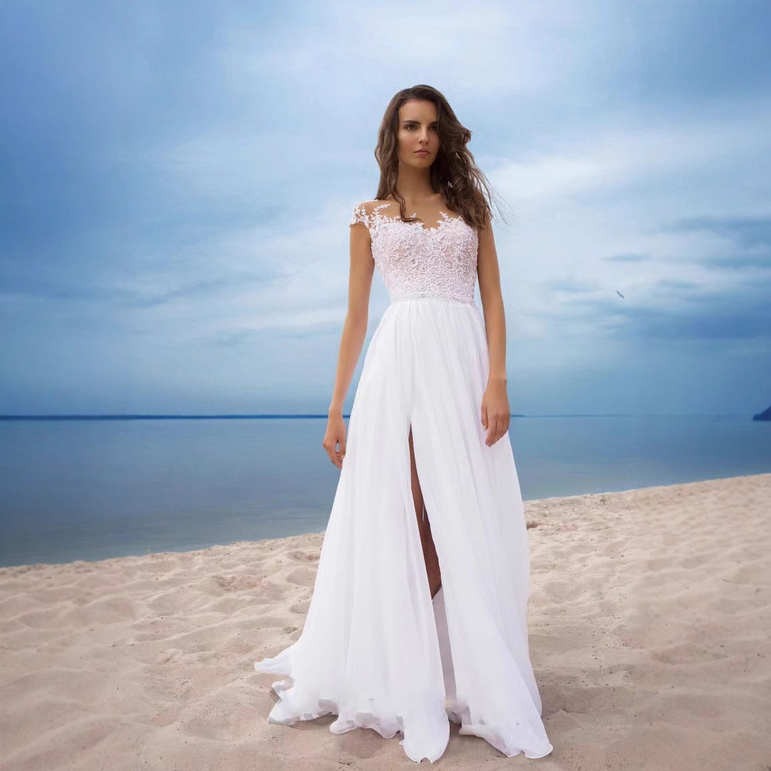 Damen Hochzeitskleid mit elegantem Spitzenoberteil und schwingendem Rock EB