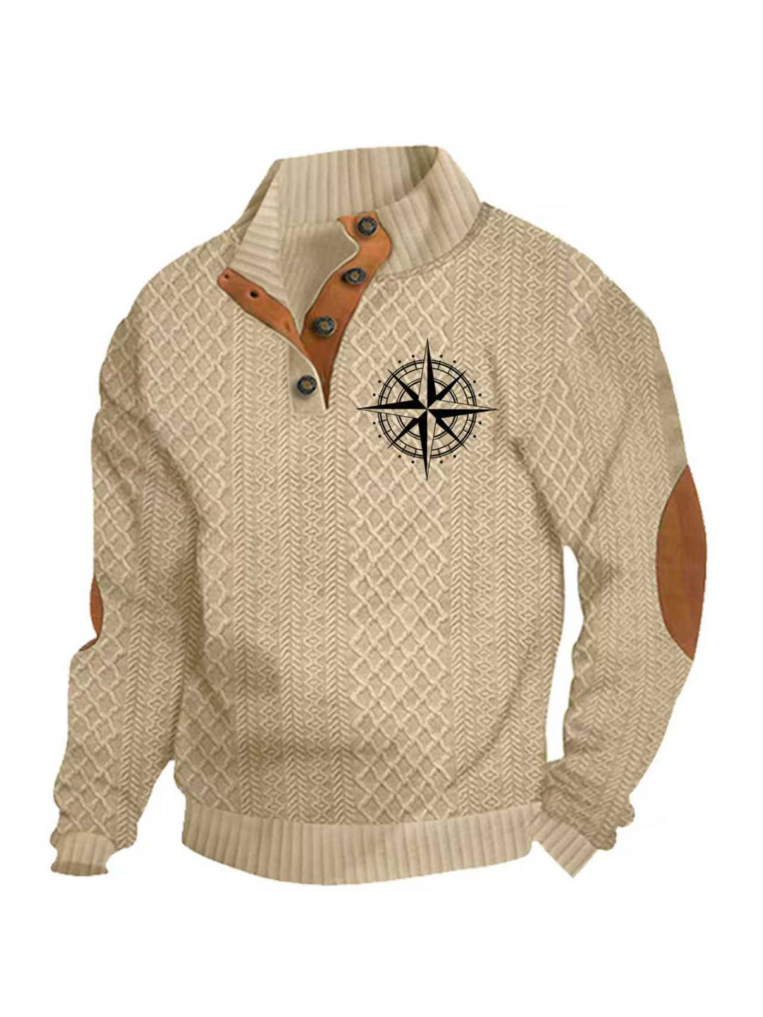 Herren nan Heritage-Strukturpullover mit Stehkragen Lederimitat-Besatz Ellenbogen-Patches und Halbknopfleiste EB