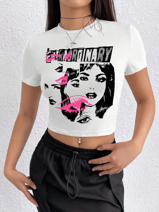 Damen Crop-T-Shirt mit inspirierendem Aufdruck und figurbetontem Schnitt EB