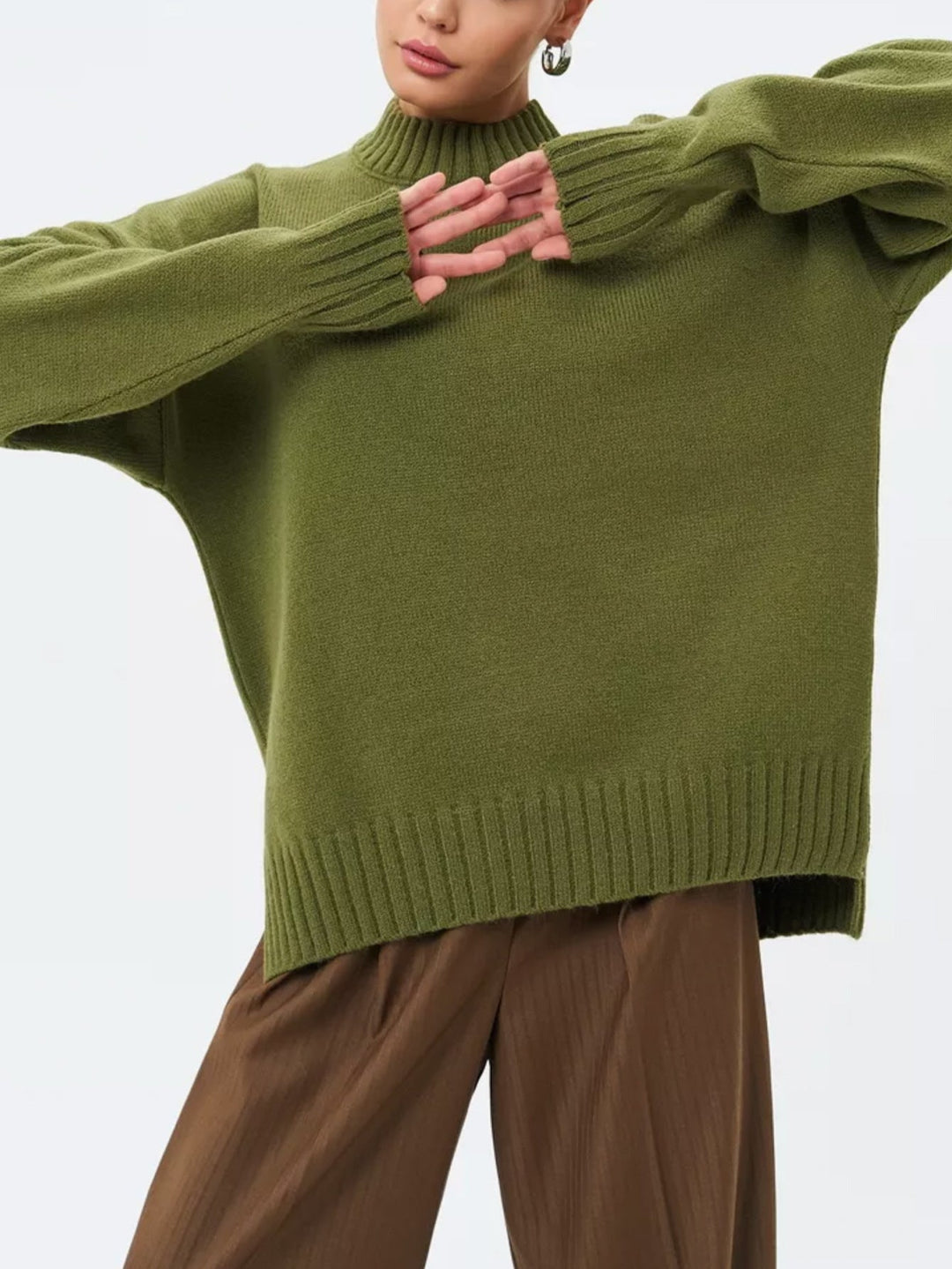 EB | Pullover Pullover Übergröße Schnitt Gerippter Strick Semi Hoher Hals Fallende Schultern