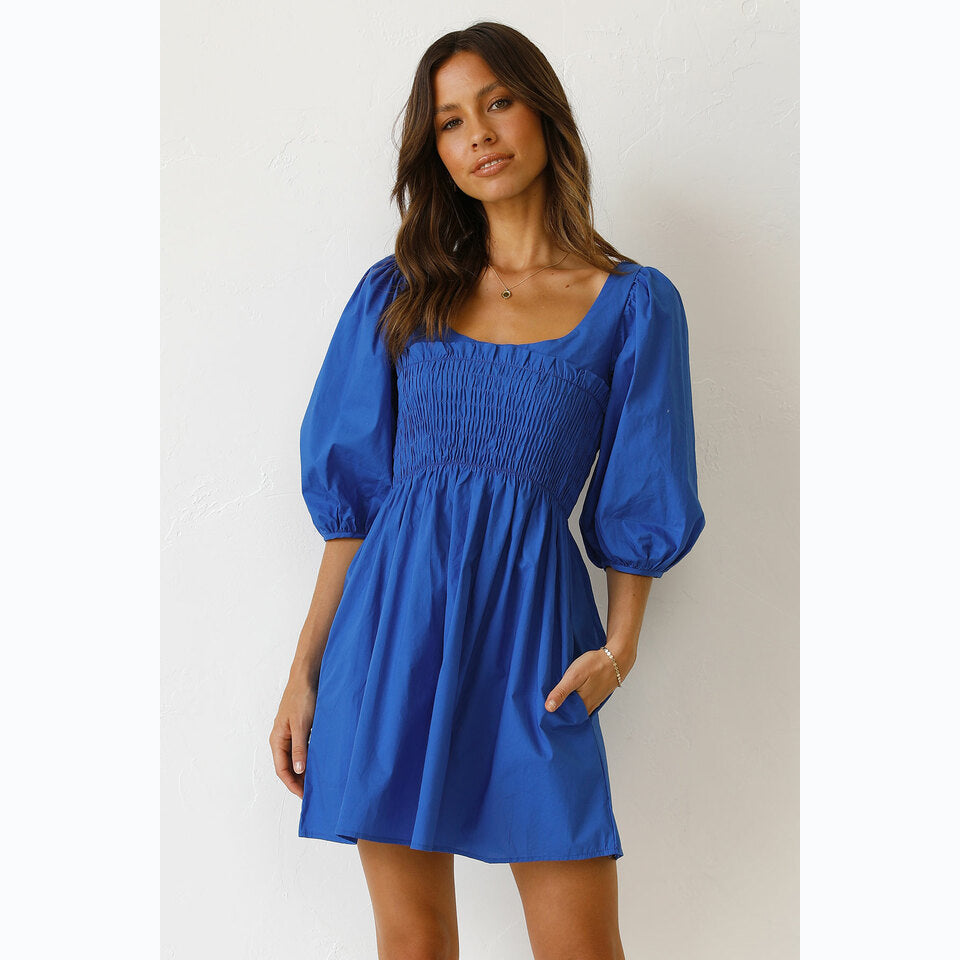 Damen Baumwollkleid mit schmaler Taille und Puffärmeln EB