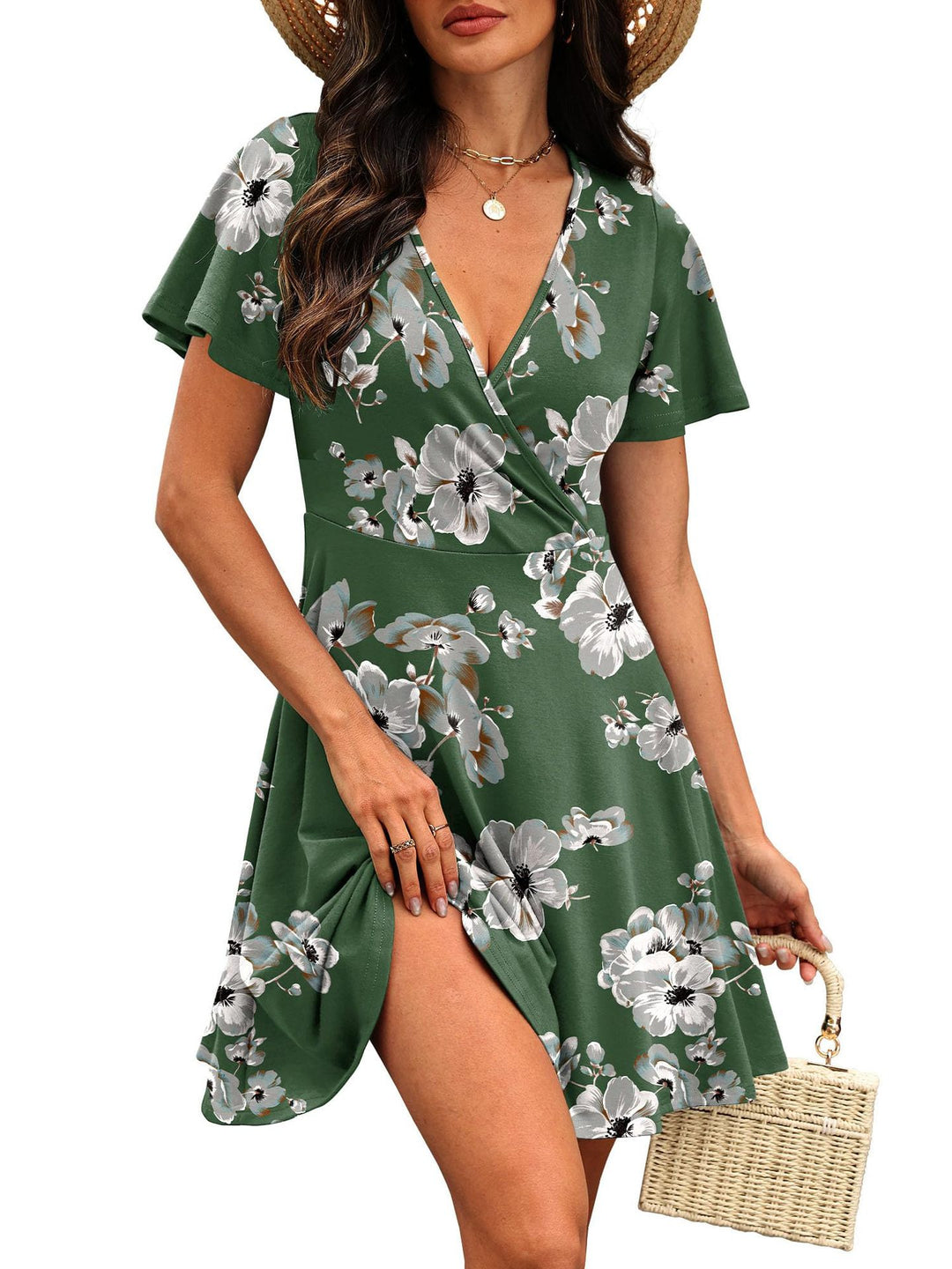 Damen Kurzärmeliges Wickelkleid mit floralen Mustern und V-Ausschnitt EB