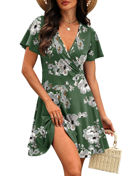 Damen Kurzärmeliges Wickelkleid mit floralen Mustern und V-Ausschnitt EB