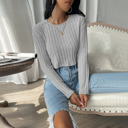 Damen kurzes geripptes Cropped-Strickoberteil mit Rundhalsausschnitt und tailliertem Schnitt Eichborn Berlin