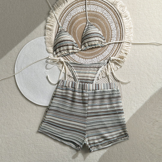 Damen Zweiteiliges Strand-Bikini-Set mit verspielt gestreiftem Oberteil und Shorts EB