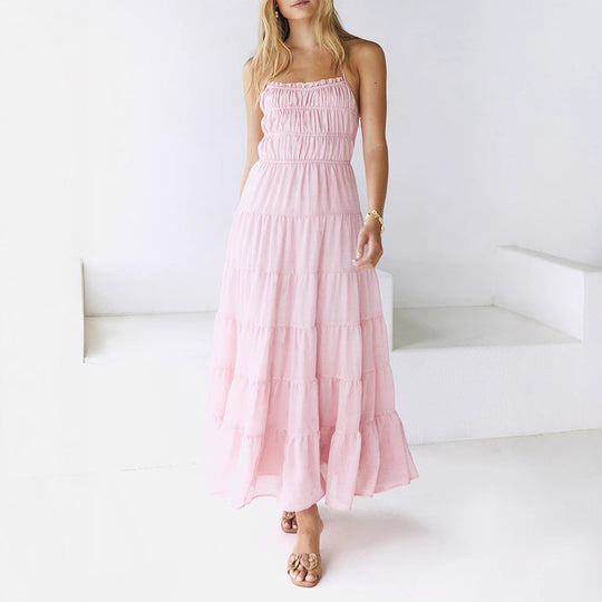 Damen luftiges Maxikleid mit Rüschendetails und elastischem Taillenbund EB