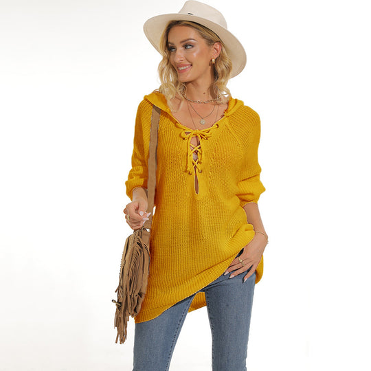 Damen lässiger Strickpullover mit einzigartigem Schnürdesign und lockerer Passform EB